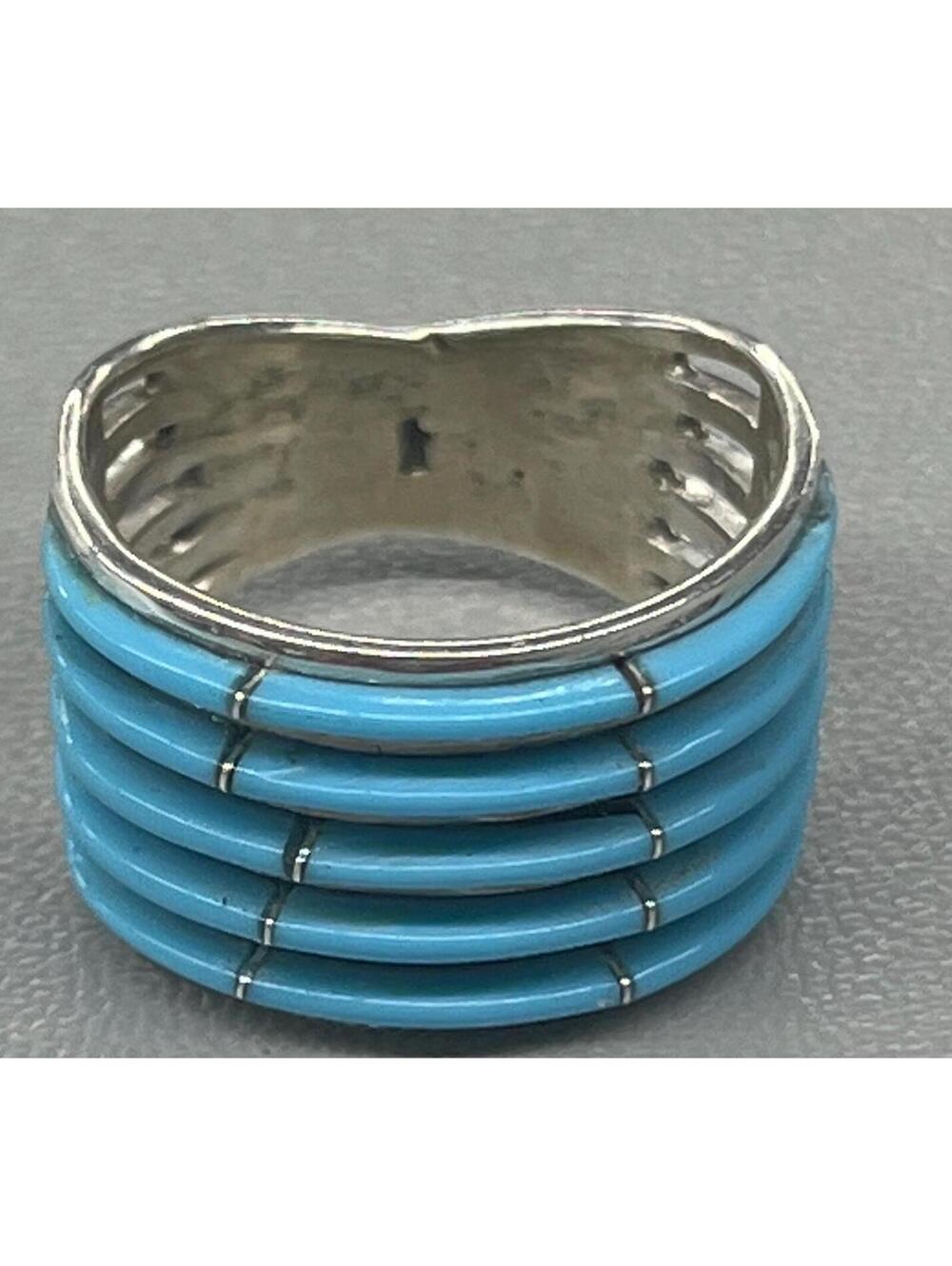 Zuni sterling silver turquoise inlay row ring size 8 -Beavis Massie